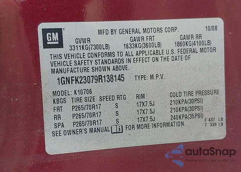 2009 Chevrolet Tahoe Lt1 from USA, damaged, VIN 1GNFK23079R138145